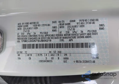 2025 Ford Escape Active z USA, uszkodzony, nr VIN 1FMCU0GN7SUB04219